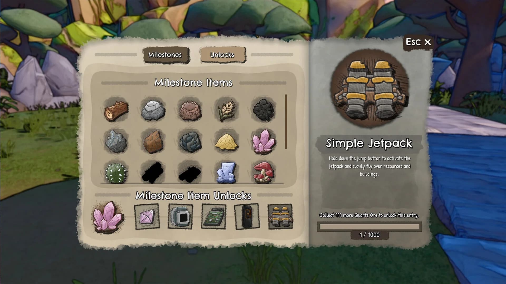 Official Nightwater screenshot showing the milestone book interface