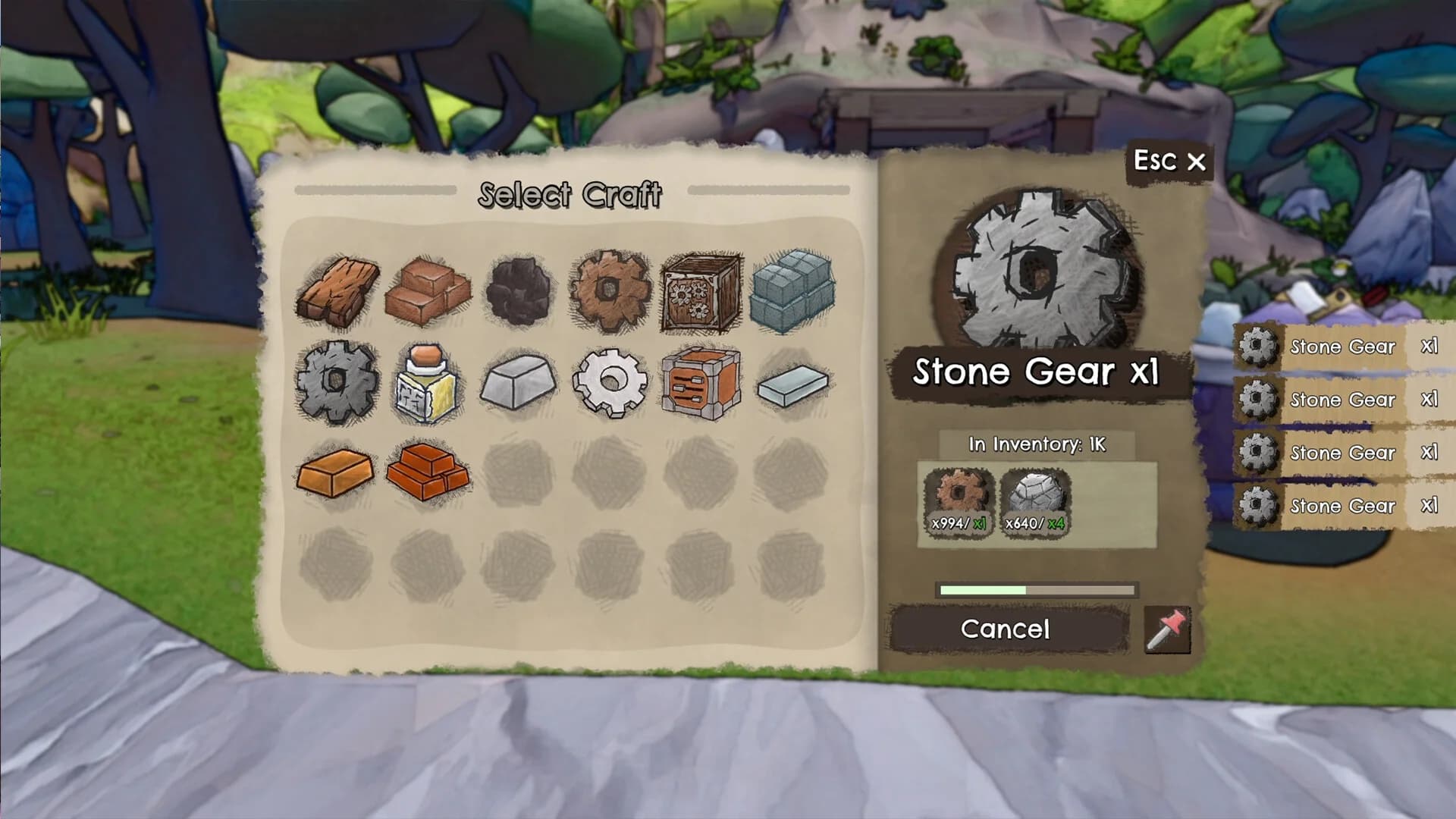 Official Stone Gear crafting panel showing input stock and costs