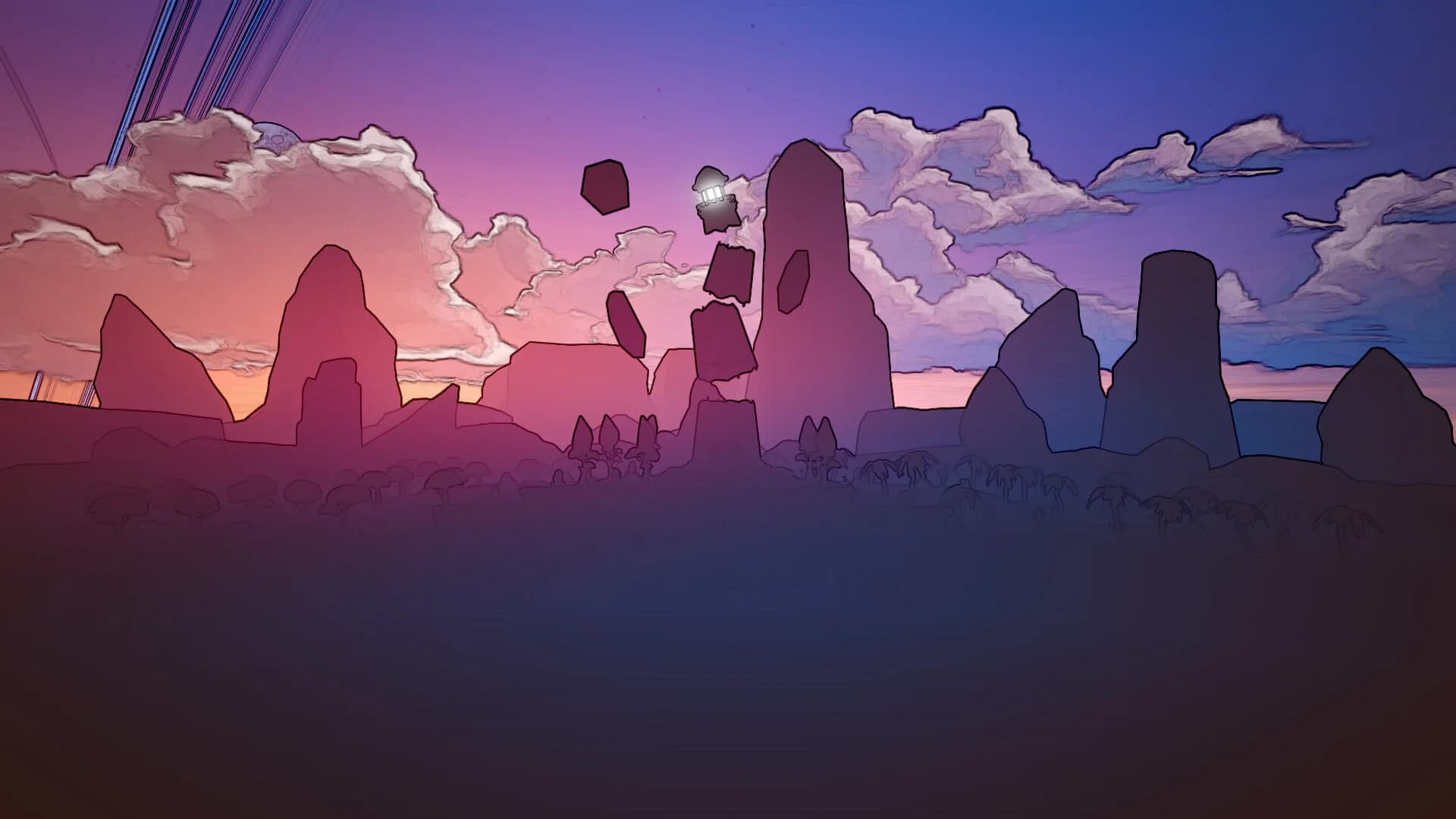 A distant Lighthouse above Nightwater's surreal landscape